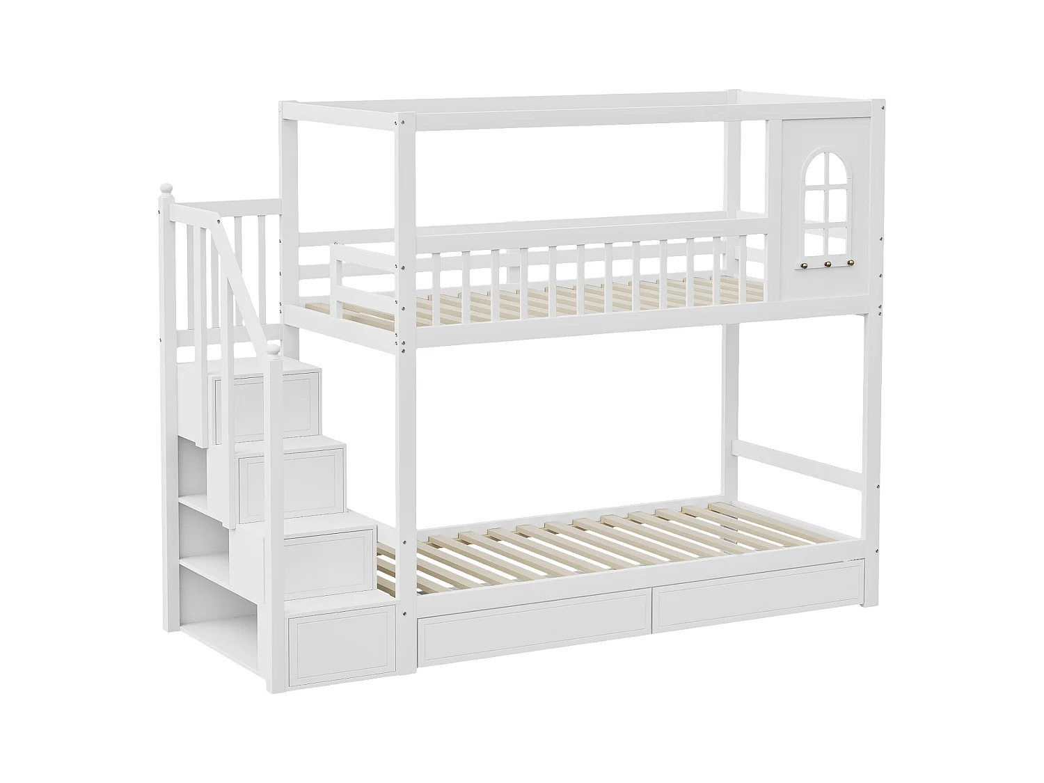 Lit mezzanine 140x200 cm, étagère à 3 niveaux, bureau, armoire, échelle sécurisée, rangement, métal, blanc (252x147.5x178.5 cm)