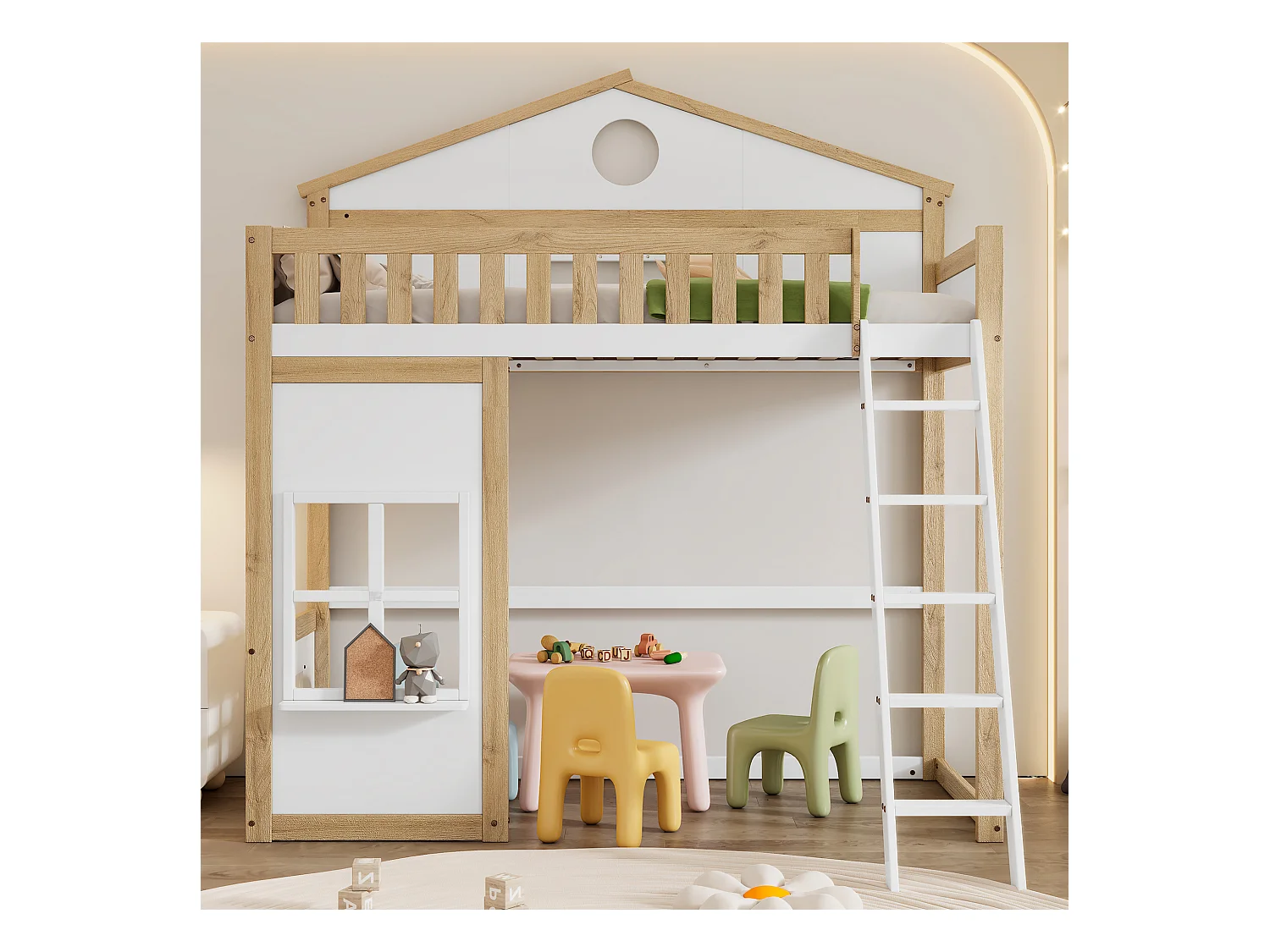 Lit mezzanine pour enfants avec toit et fenêtres, avec échelle latérale, protection contre les chutes, cadre en pin et MDF, blanc et naturel, 90x200cm