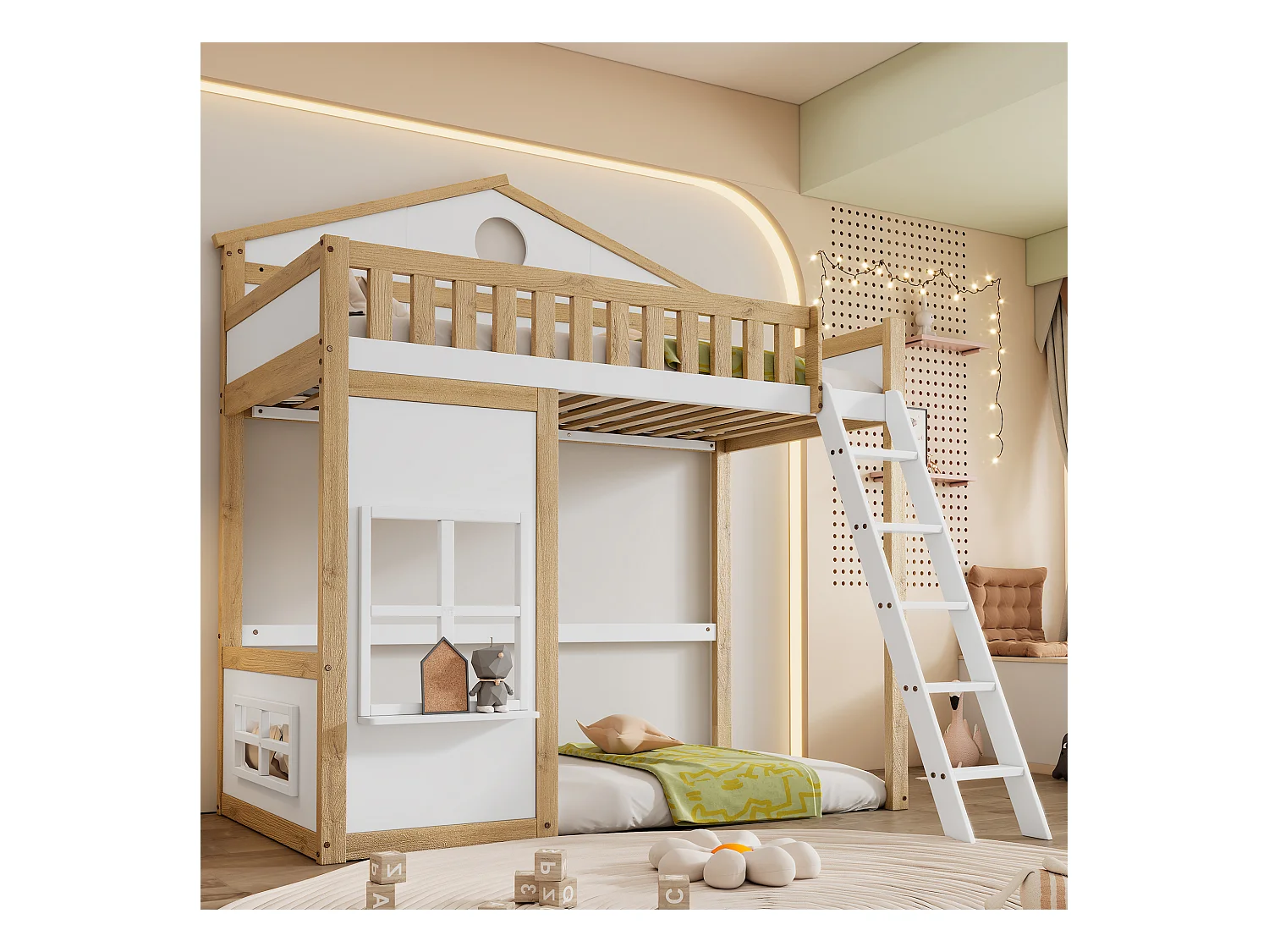 Lit mezzanine pour enfants avec toit et fenêtres, avec échelle latérale, protection contre les chutes, cadre en pin et MDF, blanc et naturel, 90x200cm