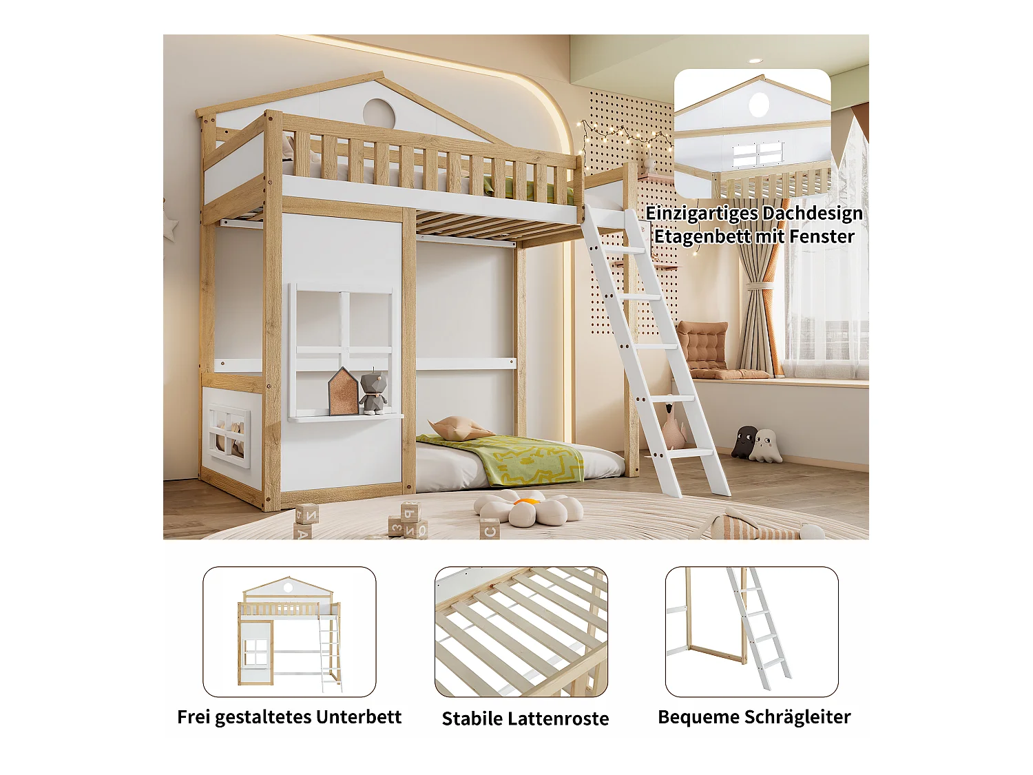 Lit mezzanine pour enfants avec toit et fenêtres, avec échelle latérale, protection contre les chutes, cadre en pin et MDF, blanc et naturel, 90x200cm