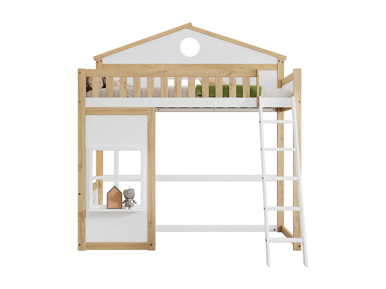 Lit mezzanine pour enfants avec toit et fenêtres, avec échelle latérale, protection contre les chutes, cadre en pin et MDF, blanc et naturel, 90x200cm