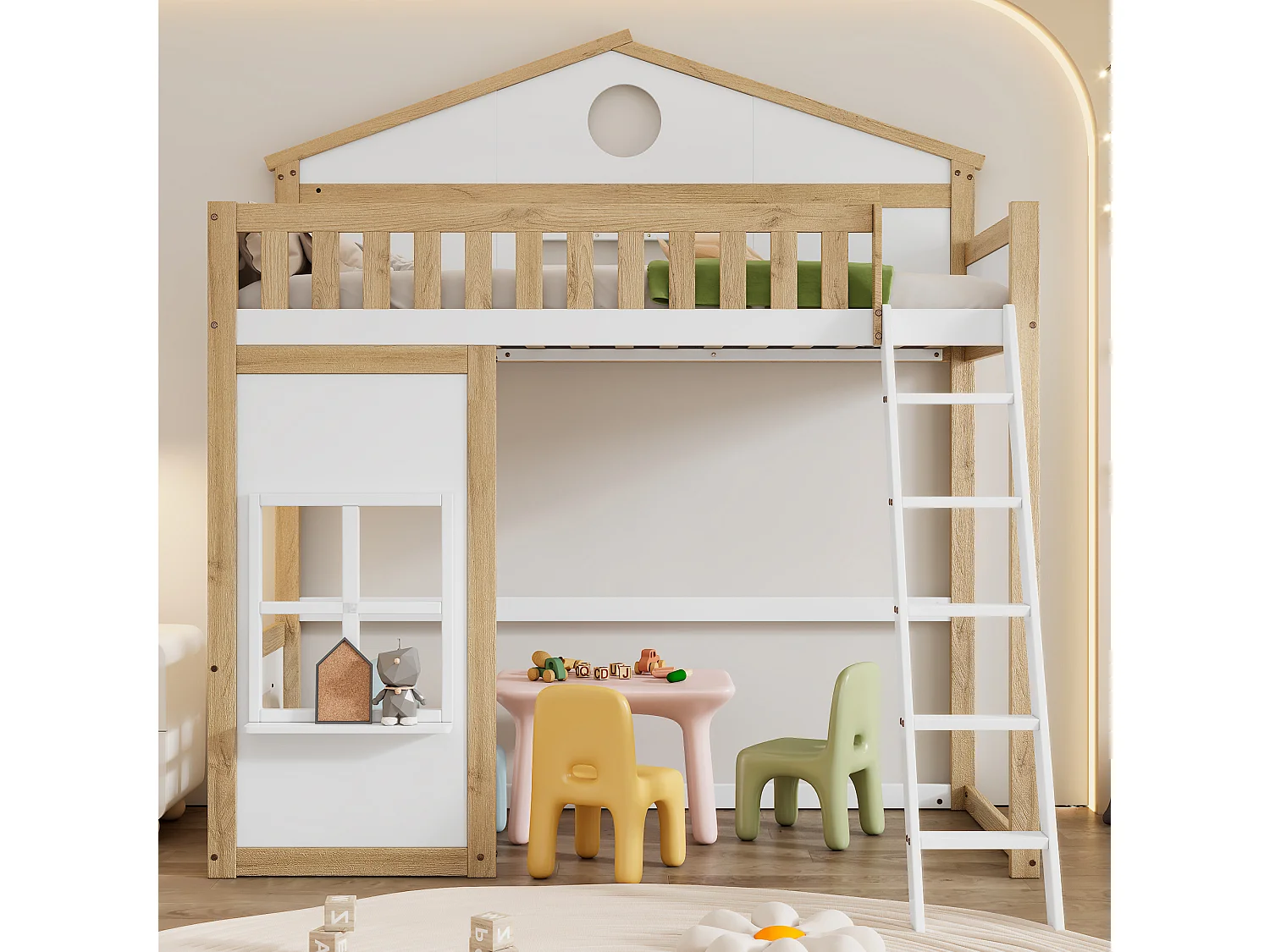 Lit mezzanine pour enfants avec toit et fenêtres, avec échelle latérale, protection contre les chutes, cadre en pin et MDF, blanc et naturel, 90x200cm