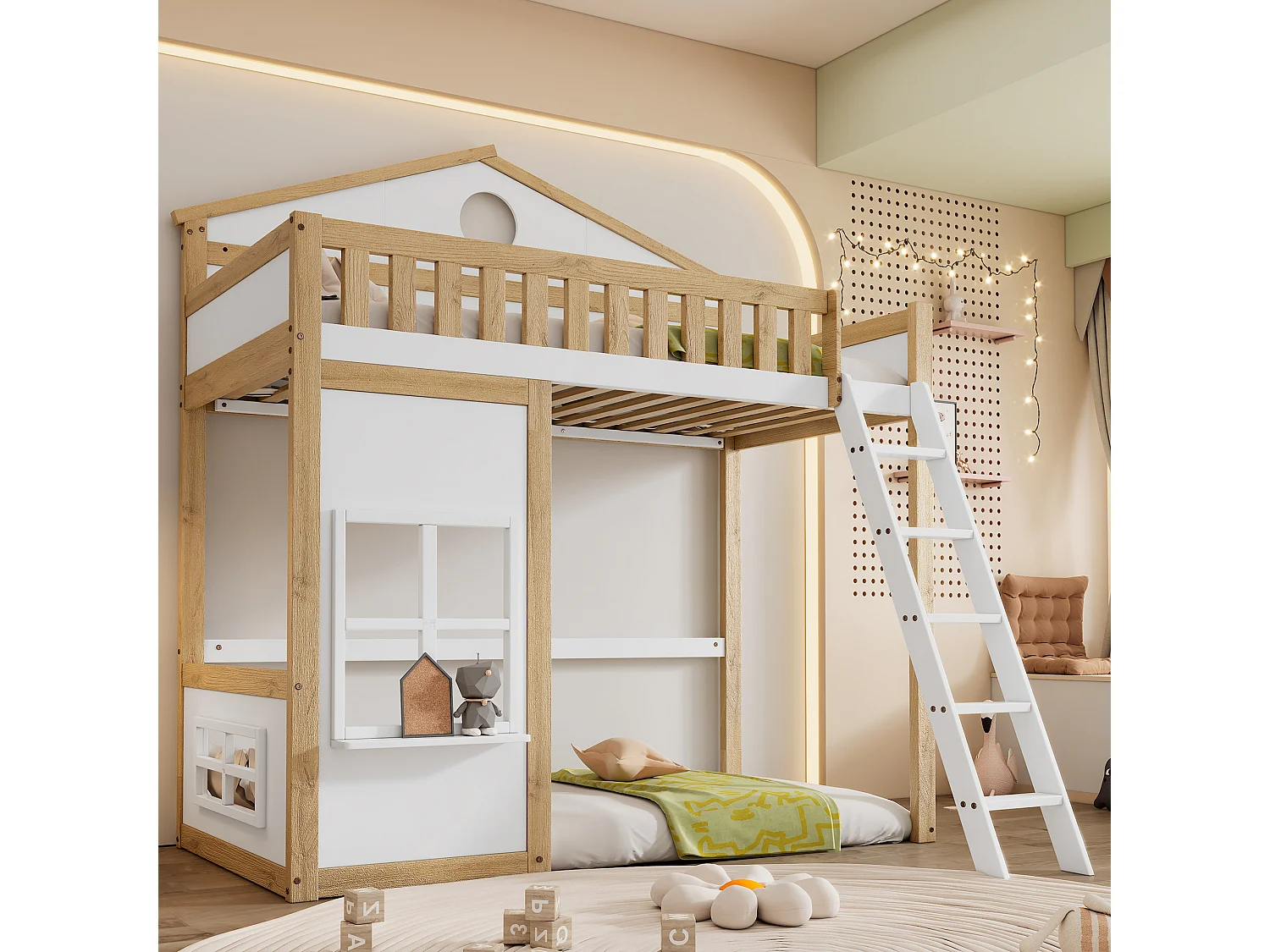 Lit mezzanine pour enfants avec toit et fenêtres, avec échelle latérale, protection contre les chutes, cadre en pin et MDF, blanc et naturel, 90x200cm