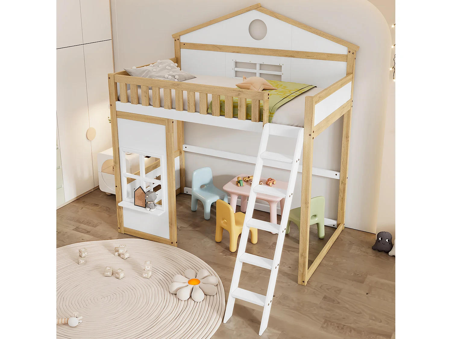 Lit mezzanine pour enfants avec toit et fenêtres, avec échelle latérale, protection contre les chutes, cadre en pin et MDF, blanc et naturel, 90x200cm