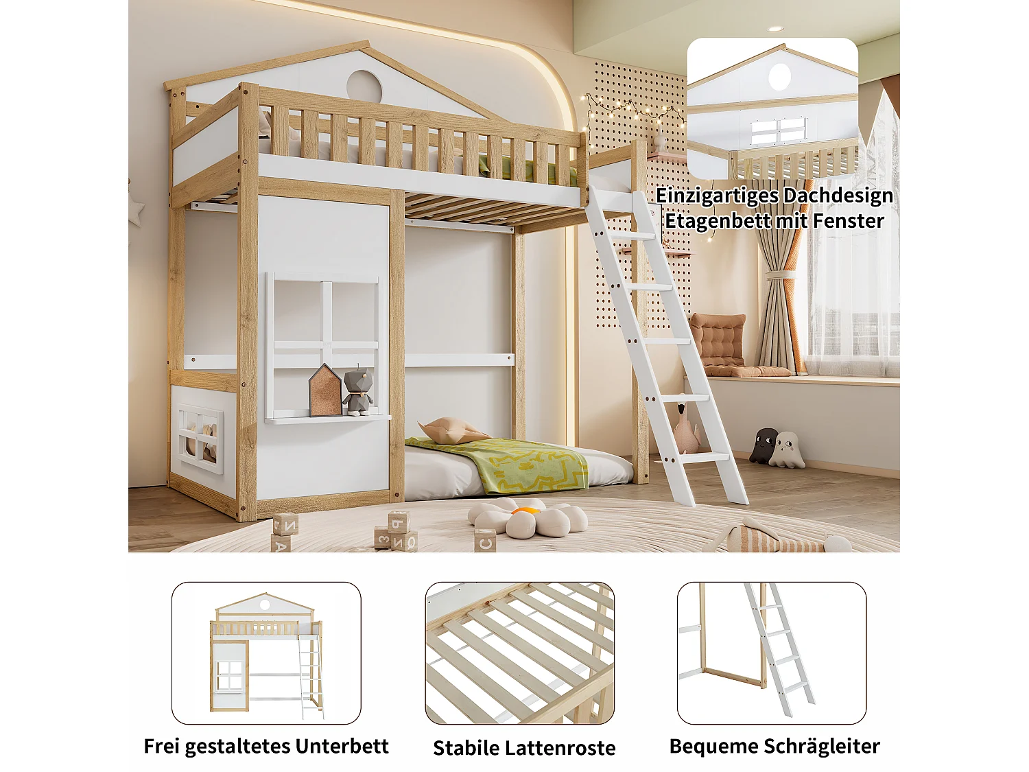 Lit mezzanine pour enfants avec toit et fenêtres, avec échelle latérale, protection contre les chutes, cadre en pin et MDF, blanc et naturel, 90x200cm