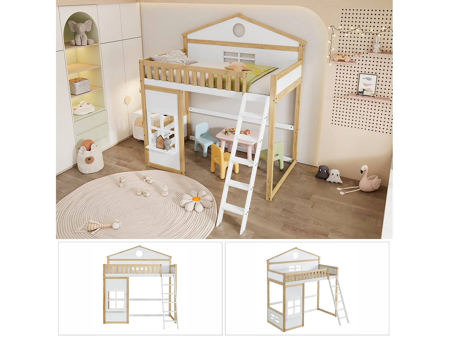 Lit mezzanine pour enfants avec toit et fenêtres, avec échelle latérale, protection contre les chutes, cadre en pin et MDF, blanc et naturel, 90x200cm