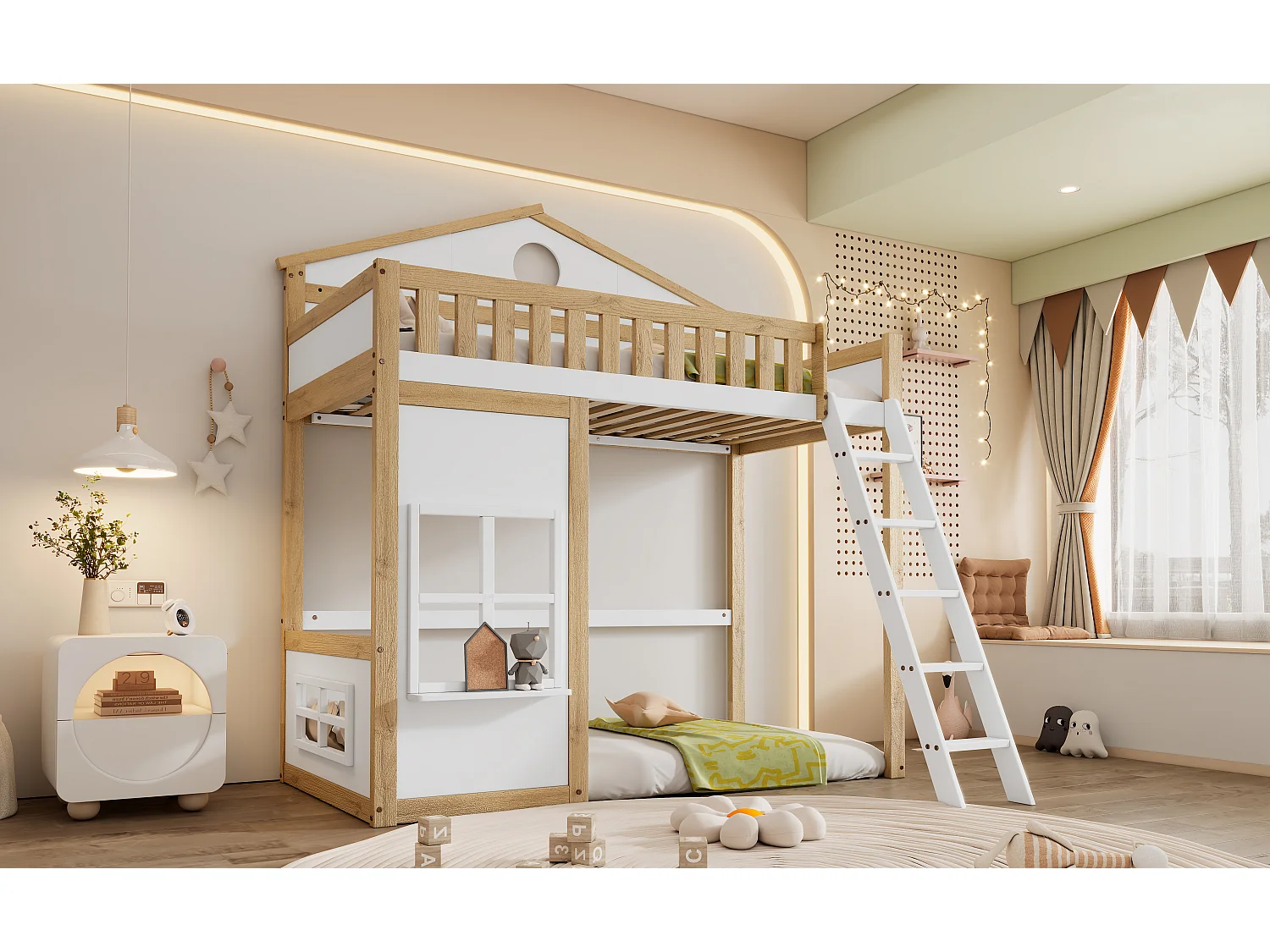 Lit mezzanine pour enfants avec toit et fenêtres, avec échelle latérale, protection contre les chutes, cadre en pin et MDF, blanc et naturel, 90x200cm