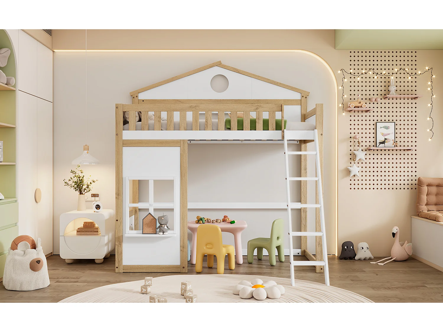 Lit mezzanine pour enfants avec toit et fenêtres, avec échelle latérale, protection contre les chutes, cadre en pin et MDF, blanc et naturel, 90x200cm