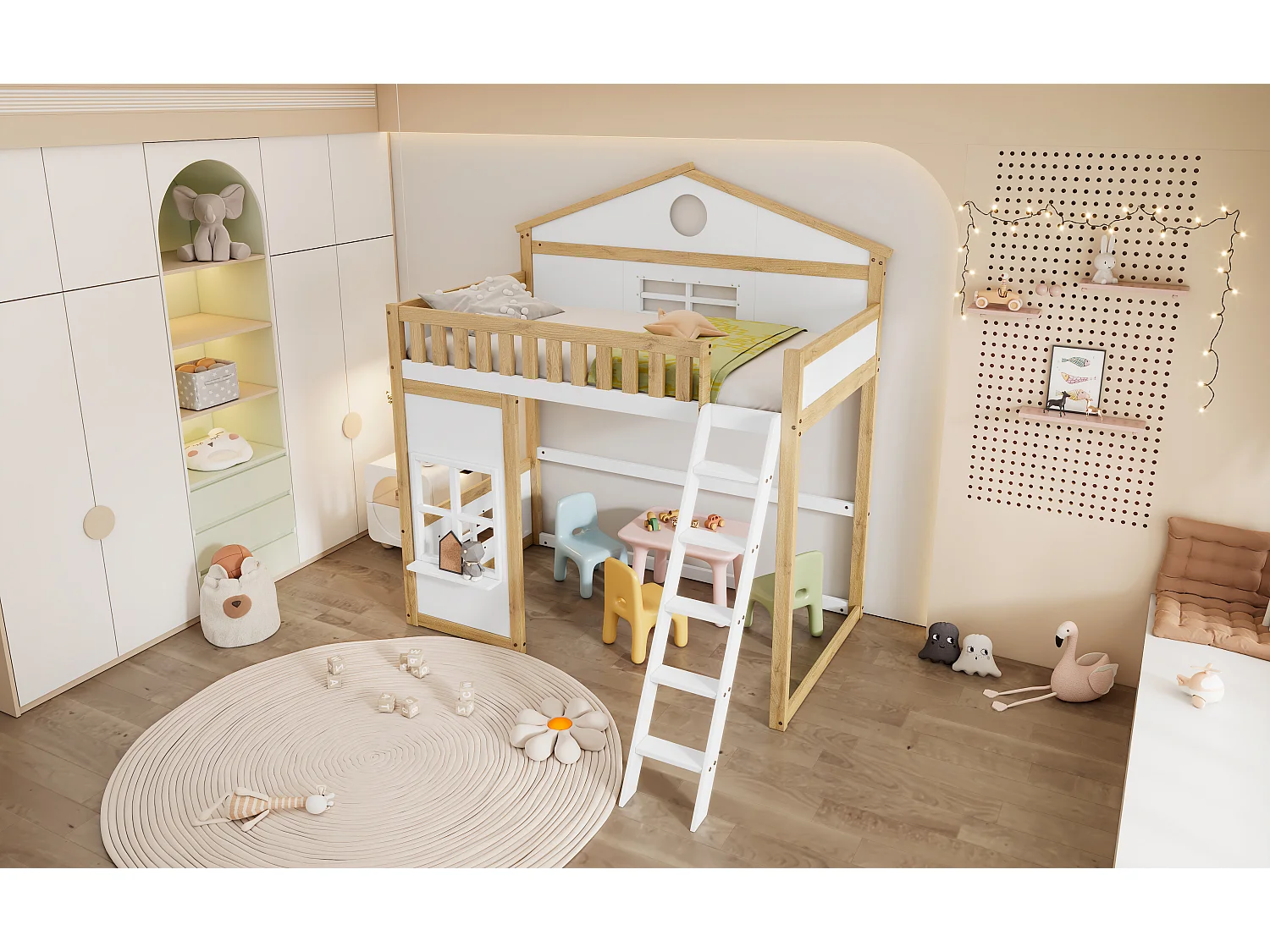 Lit mezzanine pour enfants avec toit et fenêtres, avec échelle latérale, protection contre les chutes, cadre en pin et MDF, blanc et naturel, 90x200cm
