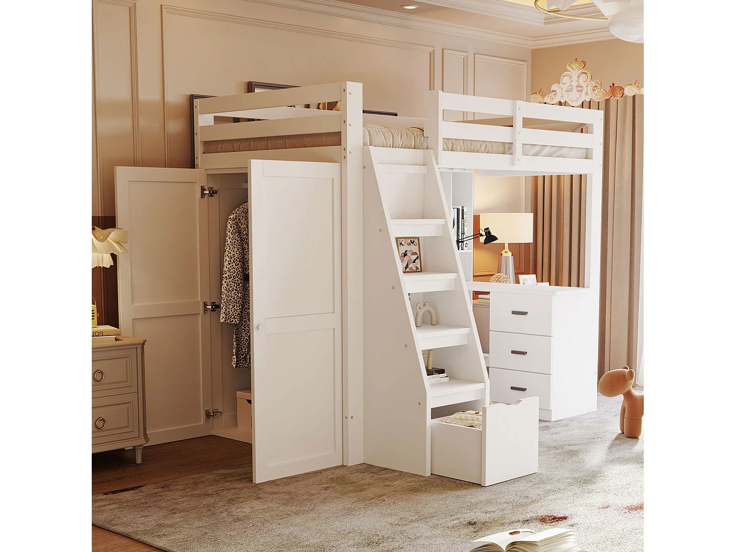 Cama alta 90x200 cm, con espacio de almacenaje y armario bajo la cama, escalera de seguridad con cajones, estructura de madera maciza, color blanco (205x126x180 cm)