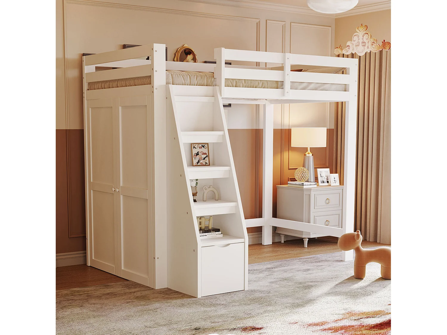 Cama alta 90x200 cm, con espacio de almacenaje y armario bajo la cama, escalera de seguridad con cajones, estructura de madera maciza, color blanco (205x126x180 cm)