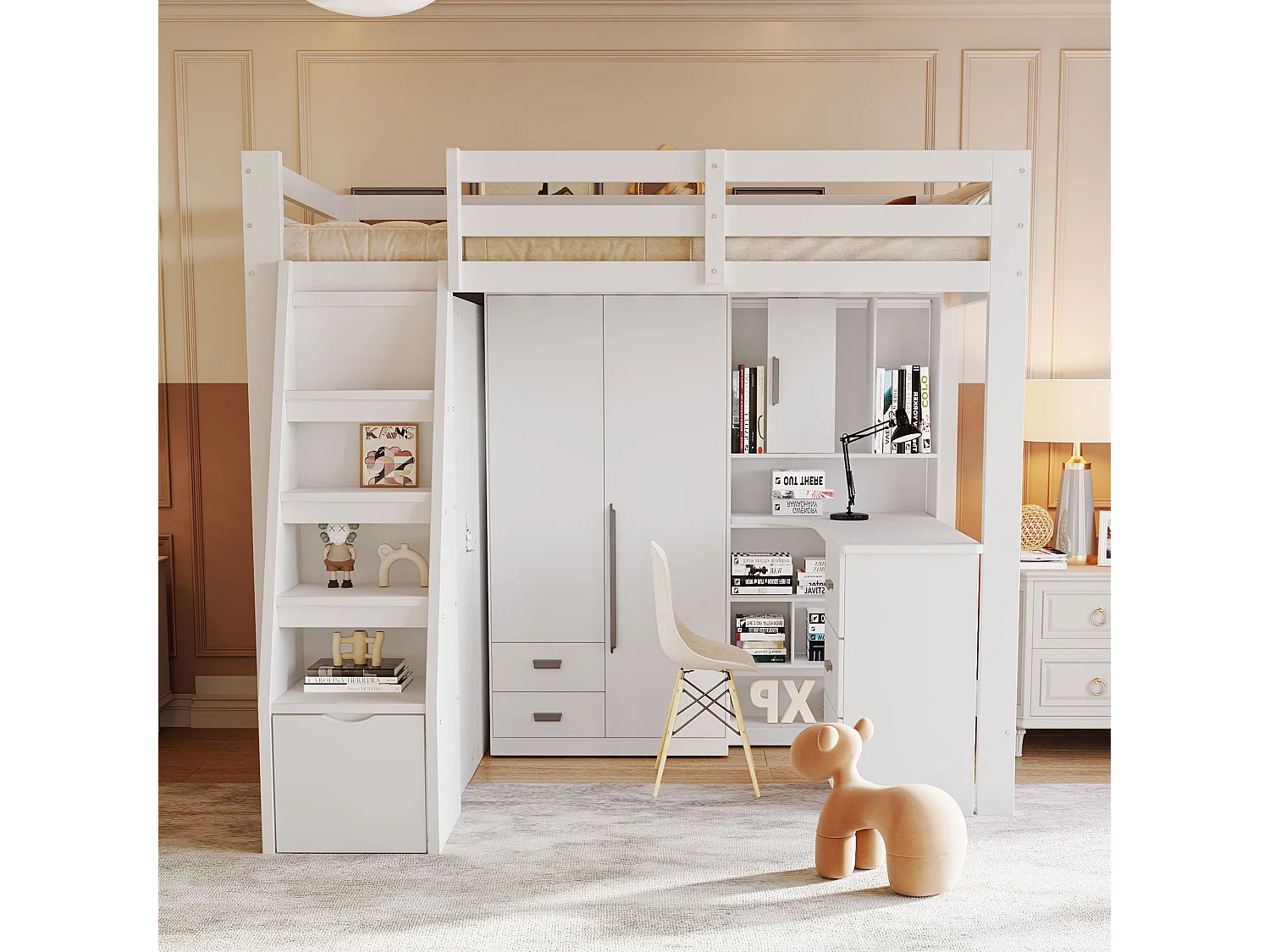 Cama alta 90x200 cm, con espacio de almacenaje y armario bajo la cama, escalera de seguridad con cajones, estructura de madera maciza, color blanco (205x126x180 cm)