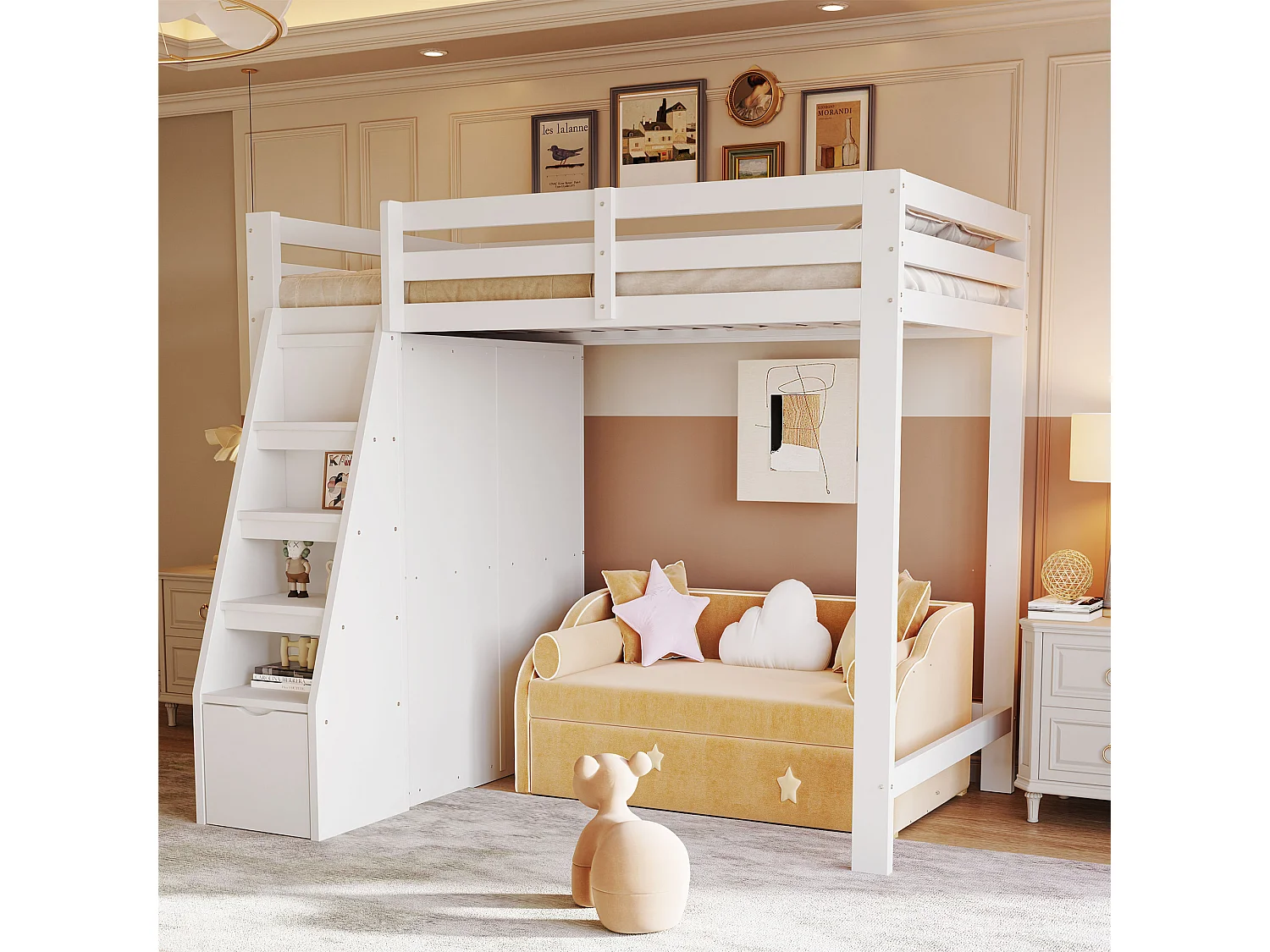 Cama alta 90x200 cm, con espacio de almacenaje y armario bajo la cama, escalera de seguridad con cajones, estructura de madera maciza, color blanco (205x126x180 cm)