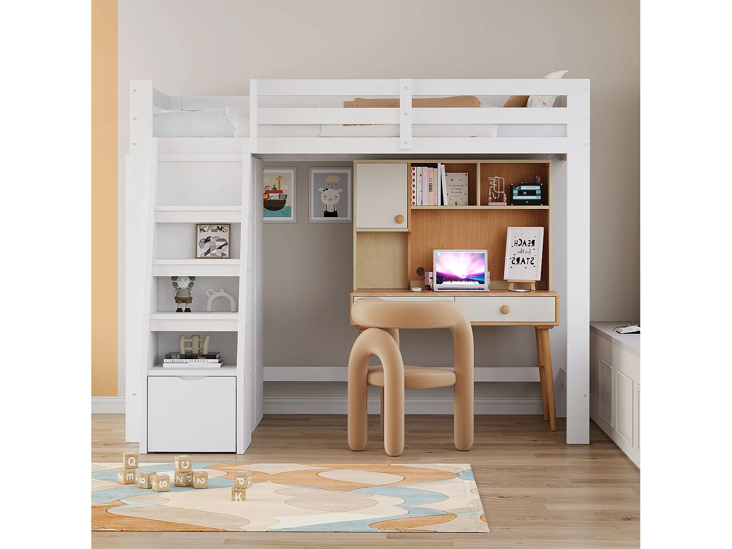 Cama alta 90x200 cm, con espacio de almacenaje y armario bajo la cama, escalera de seguridad con cajones, estructura de madera maciza, color blanco (205x126x180 cm)