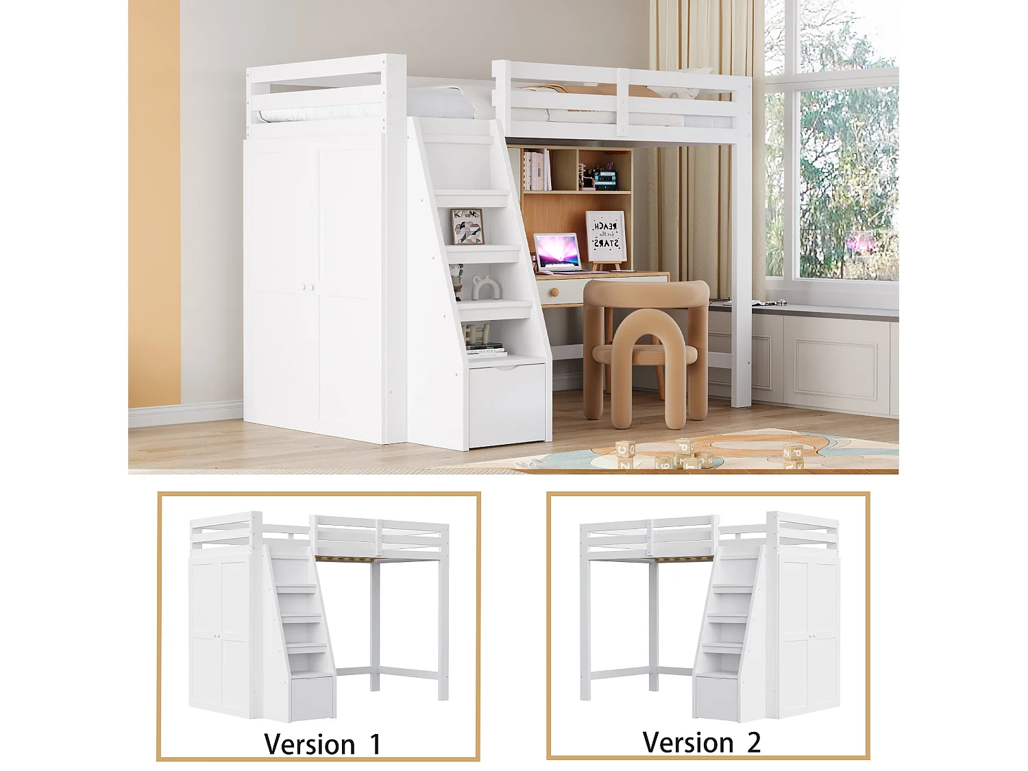 Cama alta 90x200 cm, con espacio de almacenaje y armario bajo la cama, escalera de seguridad con cajones, estructura de madera maciza, color blanco (205x126x180 cm)