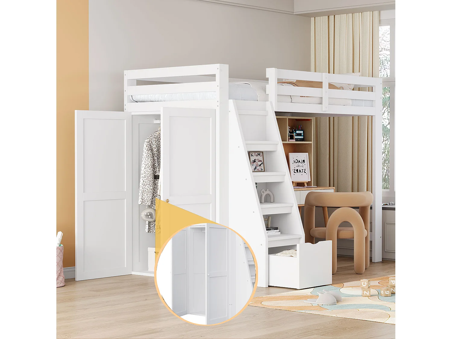Cama alta 90x200 cm, con espacio de almacenaje y armario bajo la cama, escalera de seguridad con cajones, estructura de madera maciza, color blanco (205x126x180 cm)