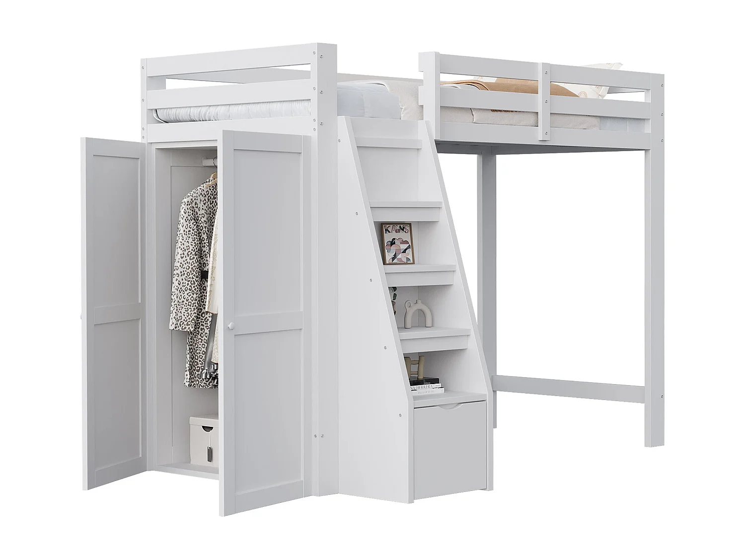 Cama alta 90x200 cm, con espacio de almacenaje y armario bajo la cama, escalera de seguridad con cajones, estructura de madera maciza, color blanco (205x126x180 cm)