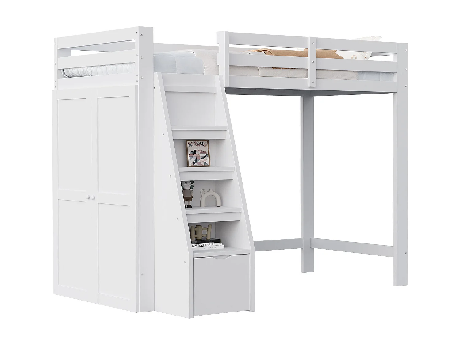 Cama alta 90x200 cm, con espacio de almacenaje y armario bajo la cama, escalera de seguridad con cajones, estructura de madera maciza, color blanco (205x126x180 cm)