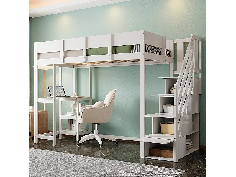 cama mezanino com prateleira - 90 x 200 cm - com escrivaninha + armazenamento na escada - madeira + MDF - branco