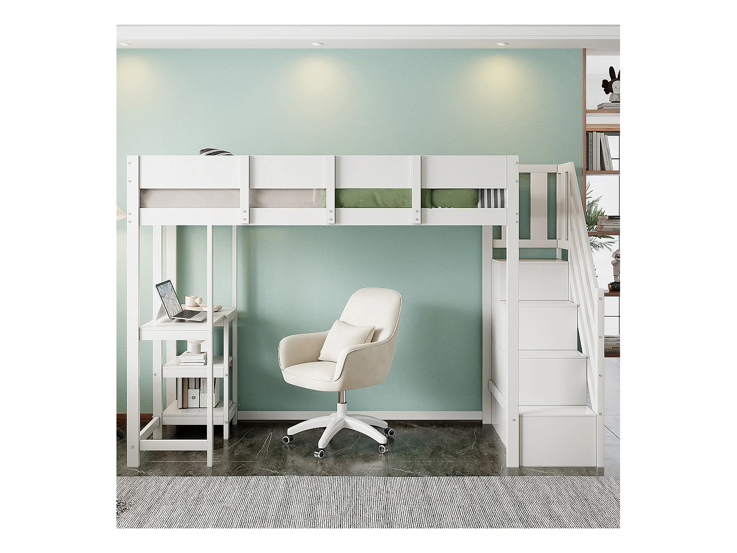 Łóżko antresola z półką - 90 x 200 cm - z biurkiem + schowkiem w schodach - drewno + płyta MDF - białe