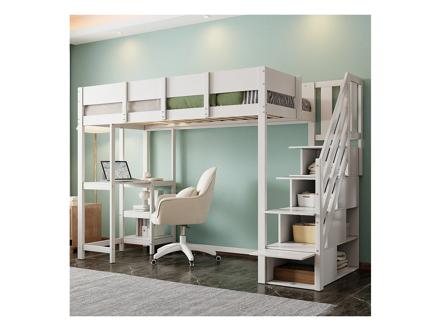 lit mezzanine avec étagère - 90 x 200 cm - avec bureau + rangements dans l'escalier - bois + MDF - blanc