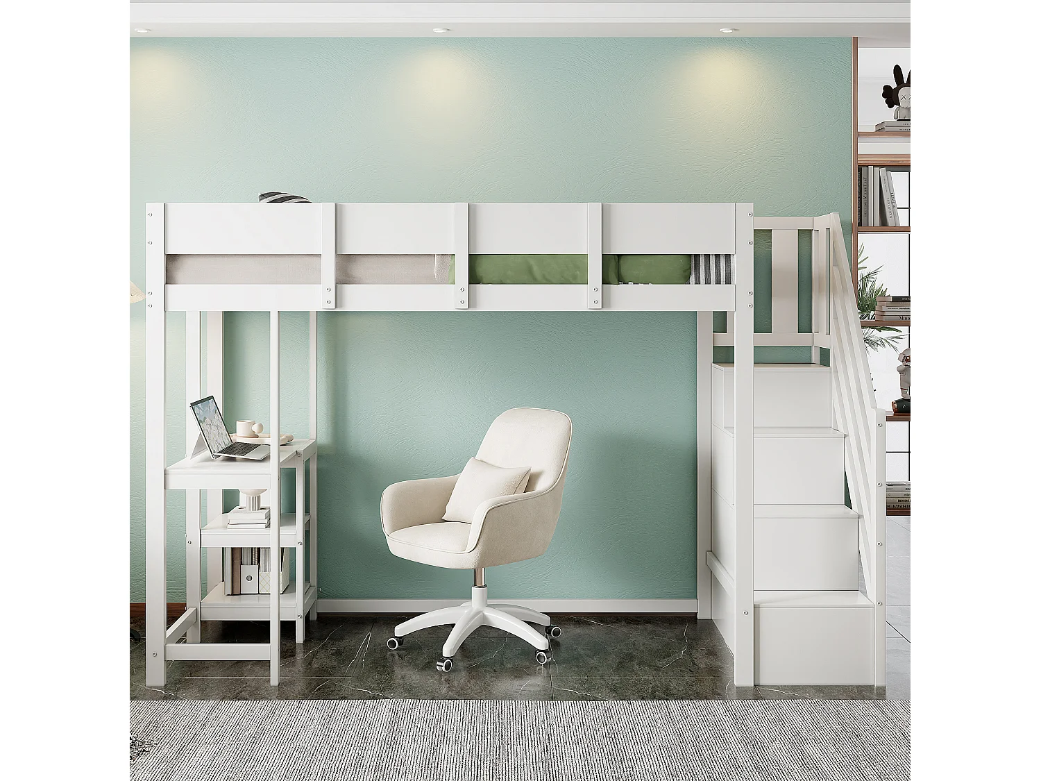 lit mezzanine avec étagère - 90 x 200 cm - avec bureau + rangements dans l'escalier - bois + MDF - blanc