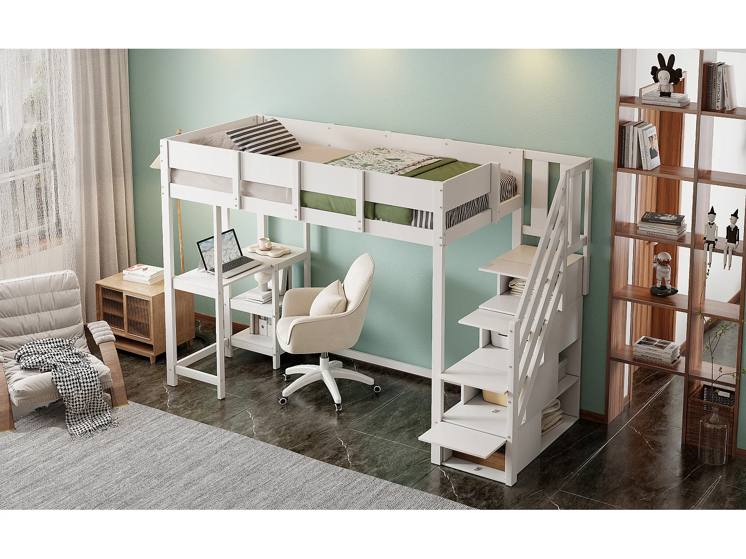 lit mezzanine avec étagère - 90 x 200 cm - avec bureau + rangements dans l'escalier - bois + MDF - blanc