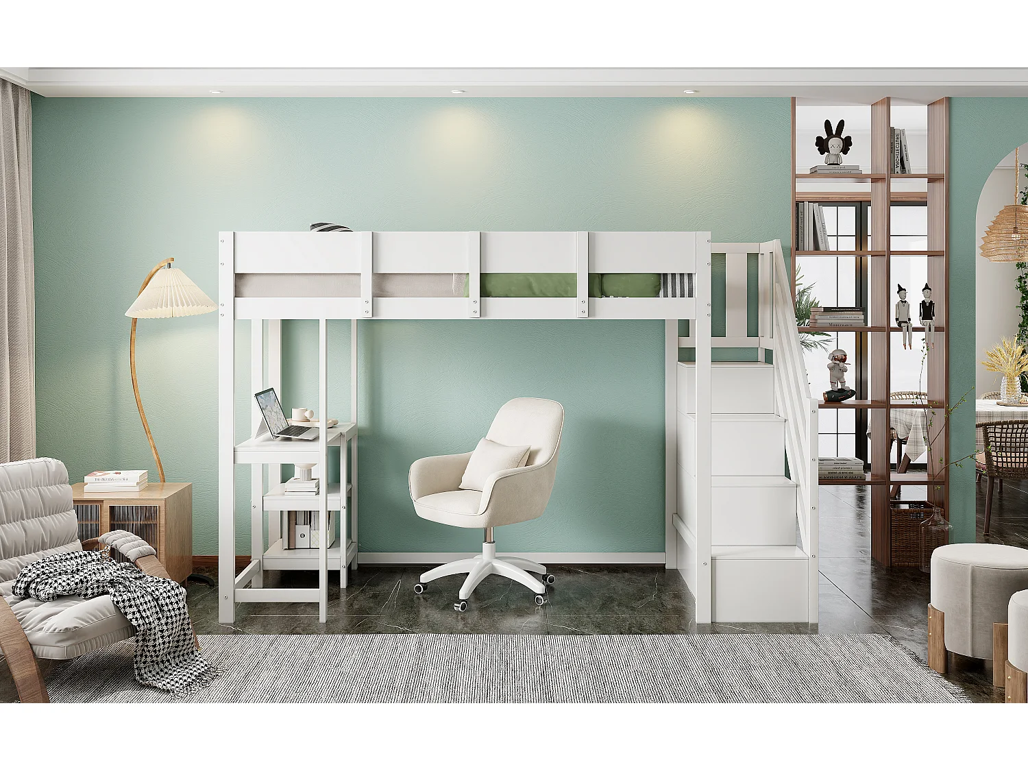 lit mezzanine avec étagère - 90 x 200 cm - avec bureau + rangements dans l'escalier - bois + MDF - blanc