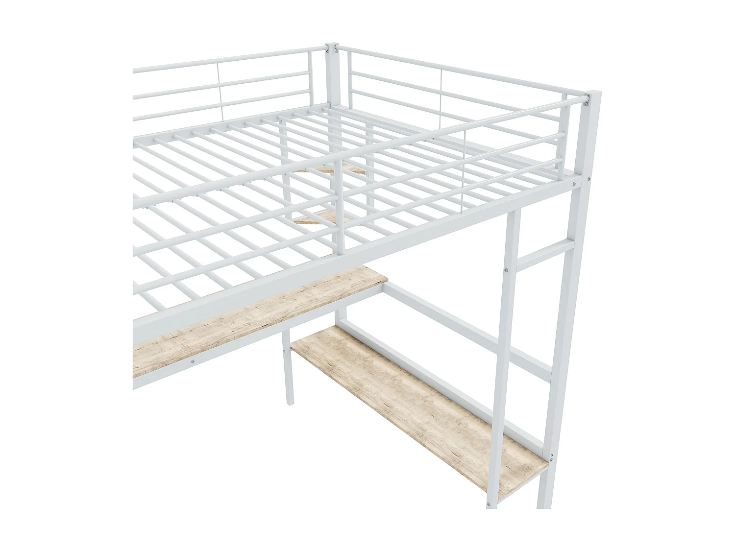 Letto a soppalco 140x200 cm, struttura in metallo con scrivania e ripiani, bianco (204x145x180 cm)