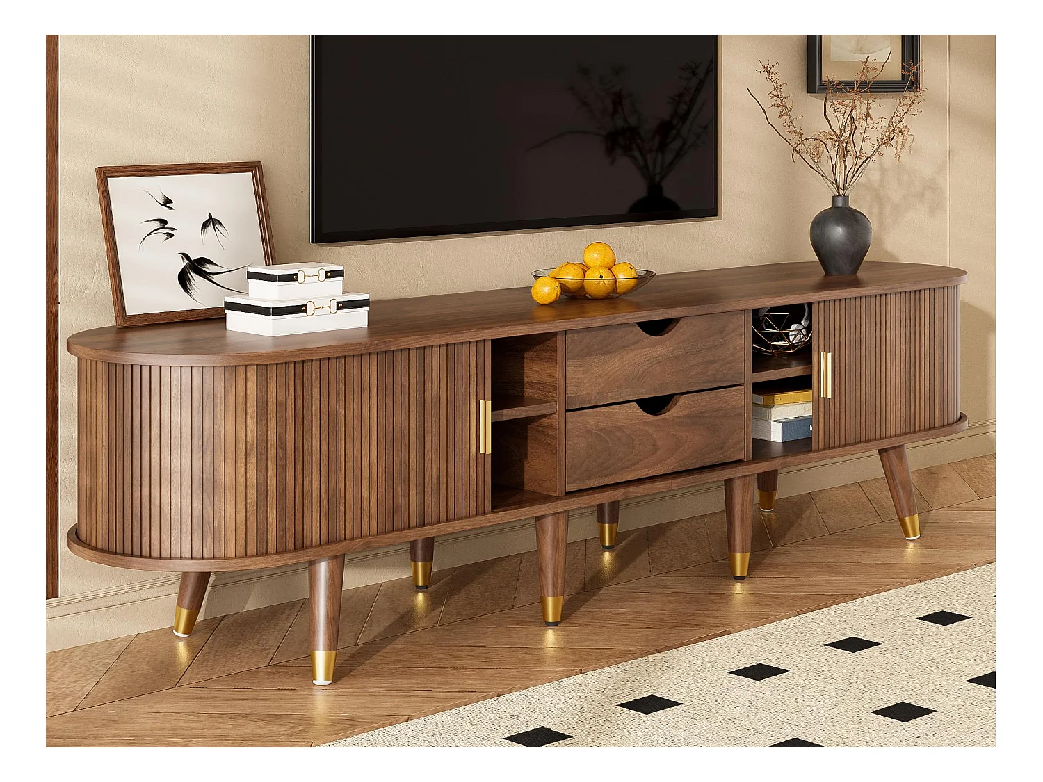 Mueble TV 175×38×45 cm - 2 puertas correderas de ratán - 2 cajones - marrón