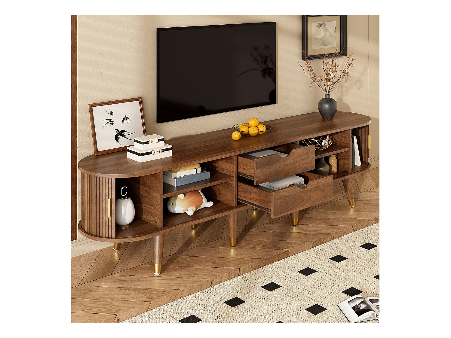 Mueble TV 175×38×45 cm - 2 puertas correderas de ratán - 2 cajones - marrón