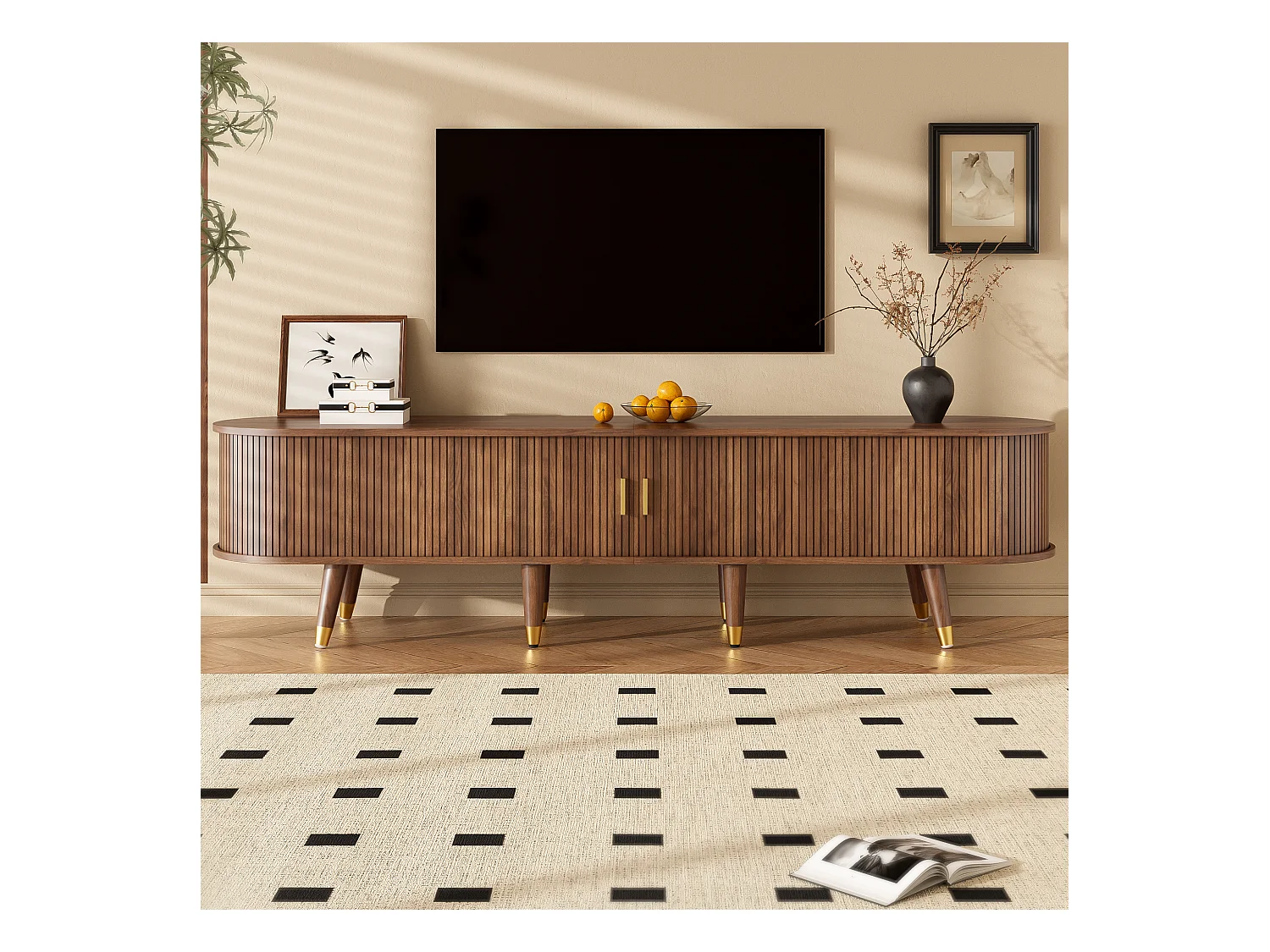 Mueble TV 175×38×45 cm - 2 puertas correderas de ratán - 2 cajones - marrón