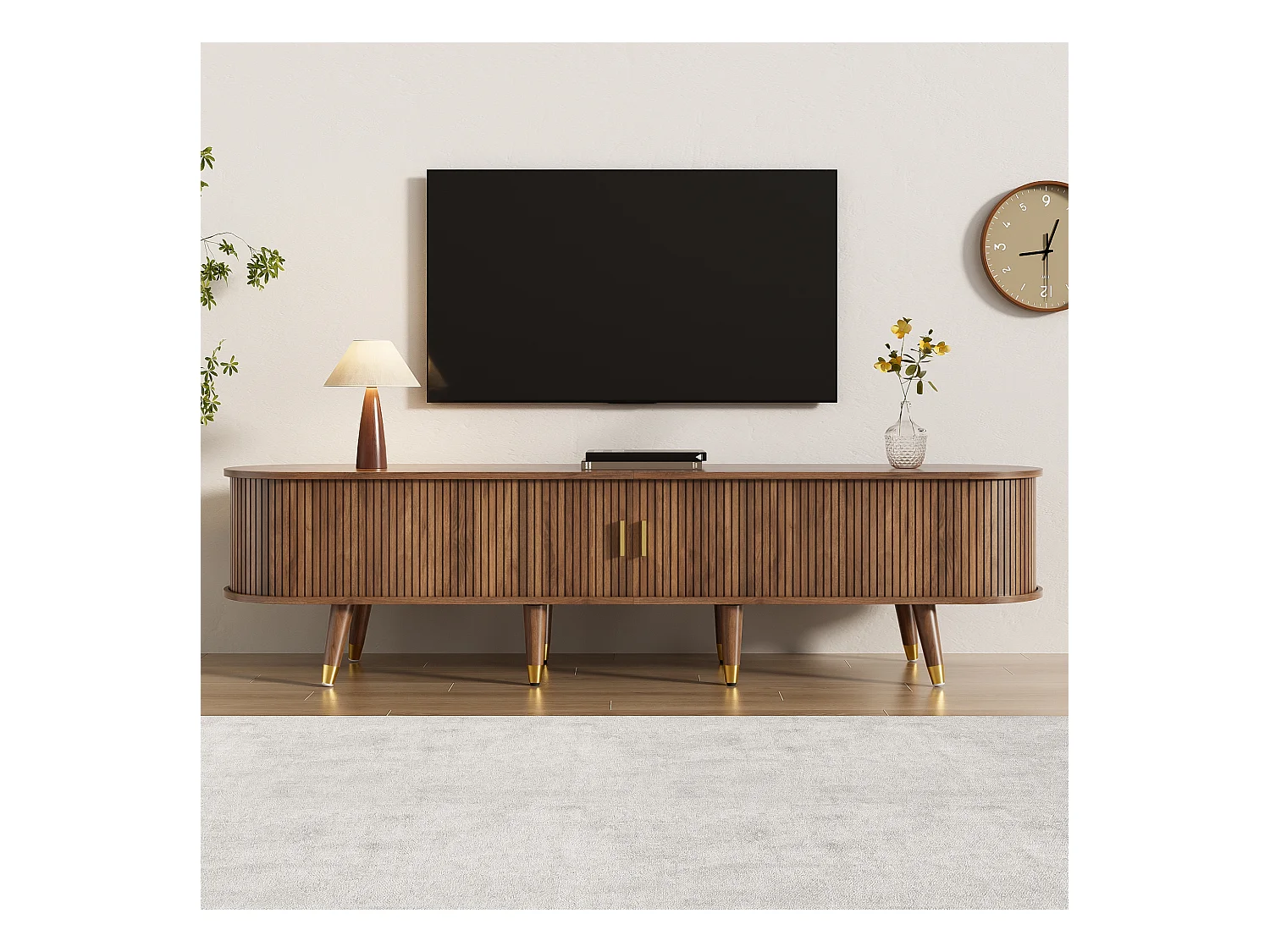 Mueble TV 175×38×45 cm - 2 puertas correderas de ratán - 2 cajones - marrón