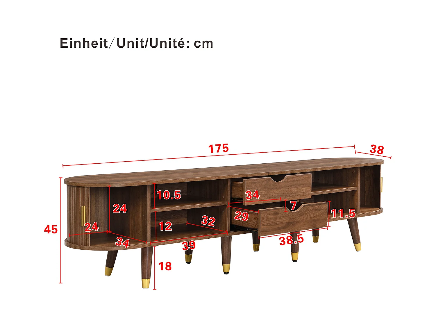 Mueble TV 175×38×45 cm - 2 puertas correderas de ratán - 2 cajones - marrón