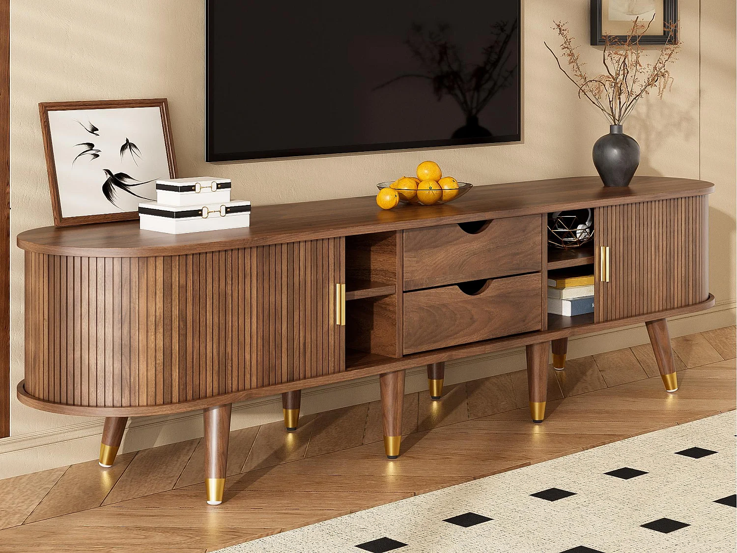 Meuble TV 175x38x45 cm - 2 portes coulissantes en rotin - 2 tiroirs - Marron