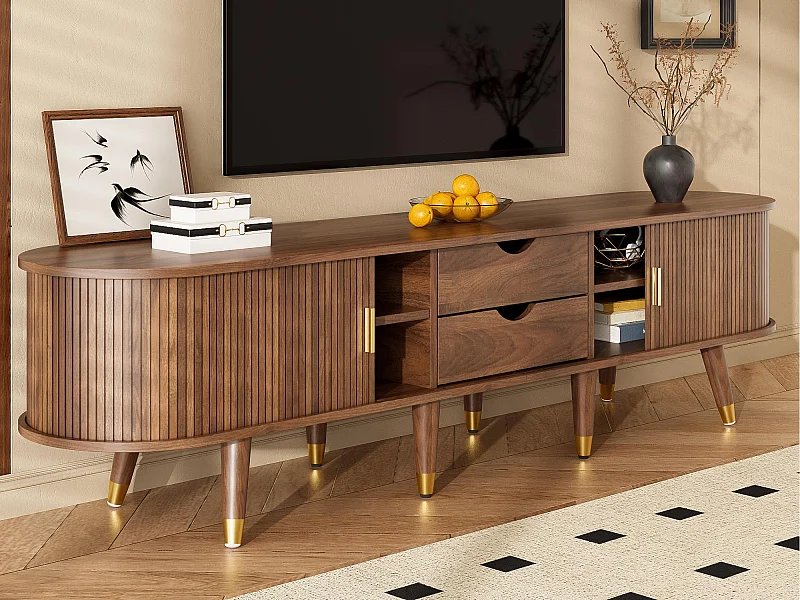 TV-meubel 175×38×45 cm - 2 schuifdeuren in rotan - 2 laden - bruin