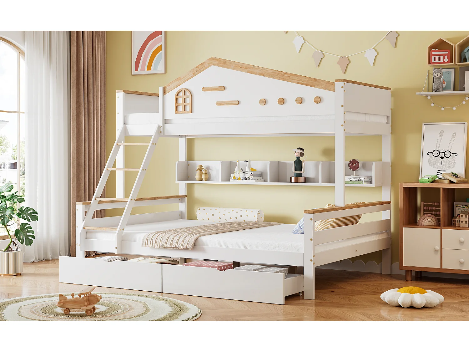 Lit mezzanine métal 90x200 cm, échelle sécurisée, marche, bureau, étagères, sécurité métal, blanc (203.5x96.8x182.5 cm)