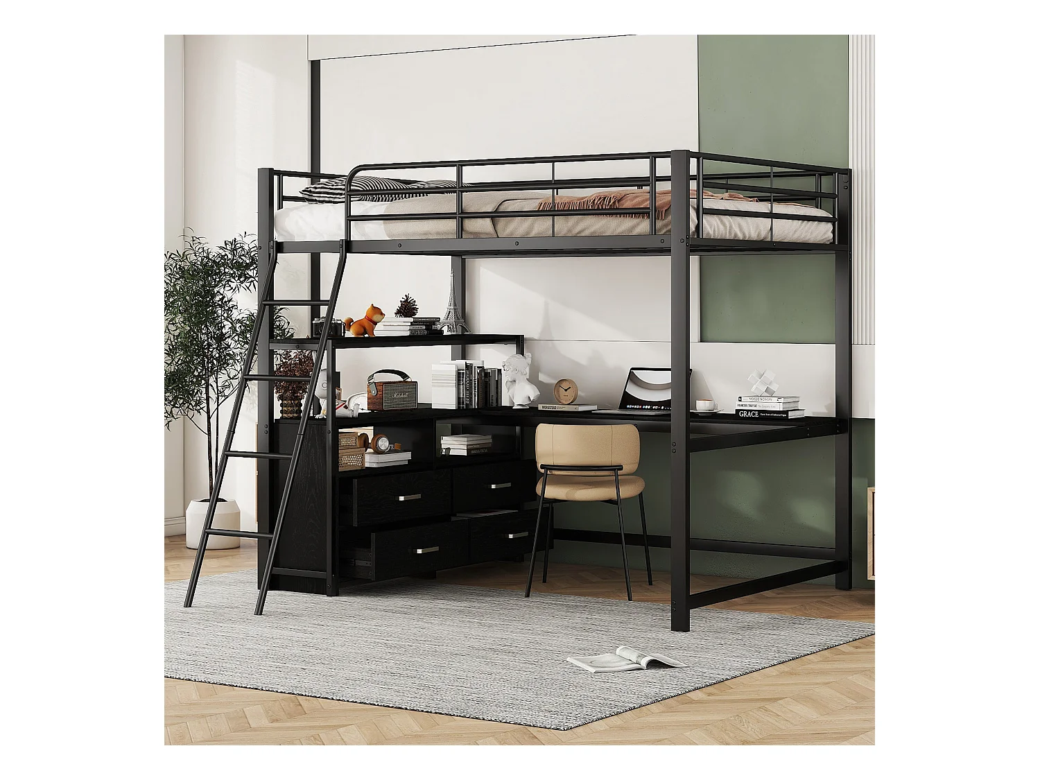 Hoogslaper 140x200 cm, metalen frame, met praktische lades, stijlvol L-vormig bureau, laminaatdesign, zwart (204x199x180 cm)