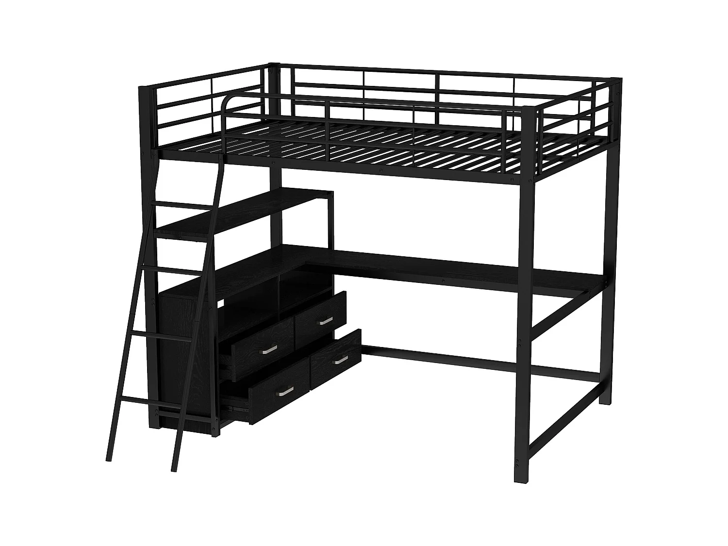 Hoogslaper 140x200 cm, metalen frame, met praktische lades, stijlvol L-vormig bureau, laminaatdesign, zwart (204x199x180 cm)