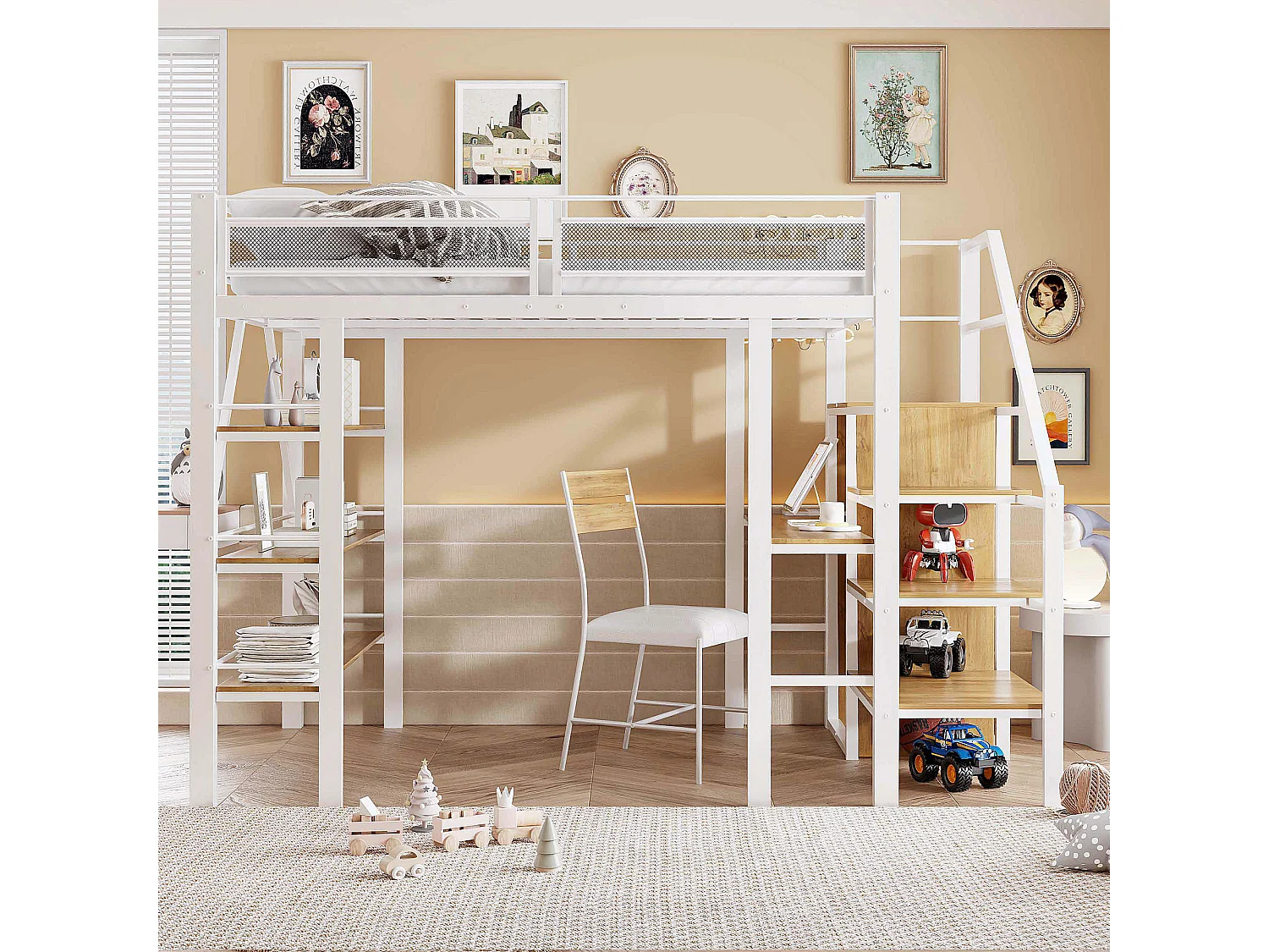 Lit mezzanine 140x200 cm, étagère à 3 niveaux, bureau, armoire, échelle sécurisée, rangement, métal, blanc (252x147.5x178.5 cm)