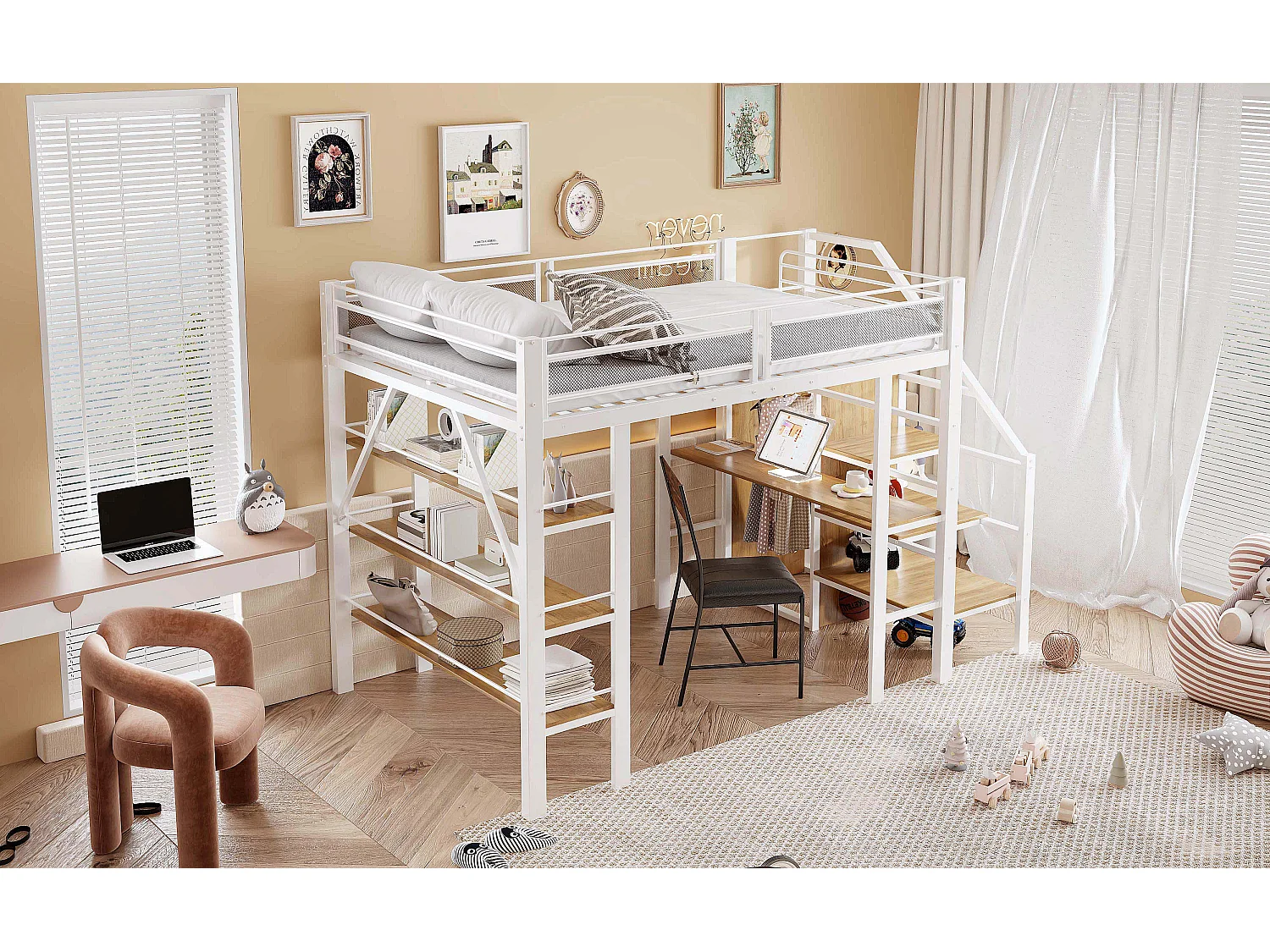 Lit mezzanine 140x200 cm, étagère à 3 niveaux, bureau, armoire, échelle sécurisée, rangement, métal, blanc (252x147.5x178.5 cm)