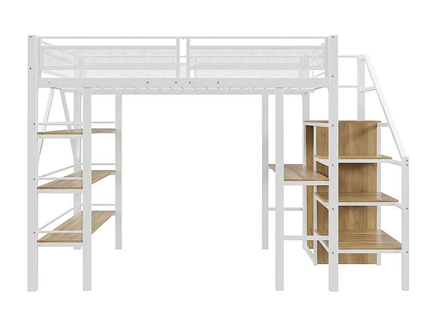 Lit mezzanine 140x200 cm, étagère à 3 niveaux, bureau, armoire, échelle sécurisée, rangement, métal, blanc (252x147.5x178.5 cm)