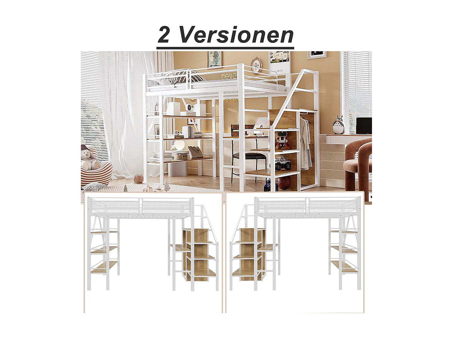 Lit mezzanine 140x200 cm, étagère à 3 niveaux, bureau, armoire, échelle sécurisée, rangement, métal, blanc (252x147.5x178.5 cm)