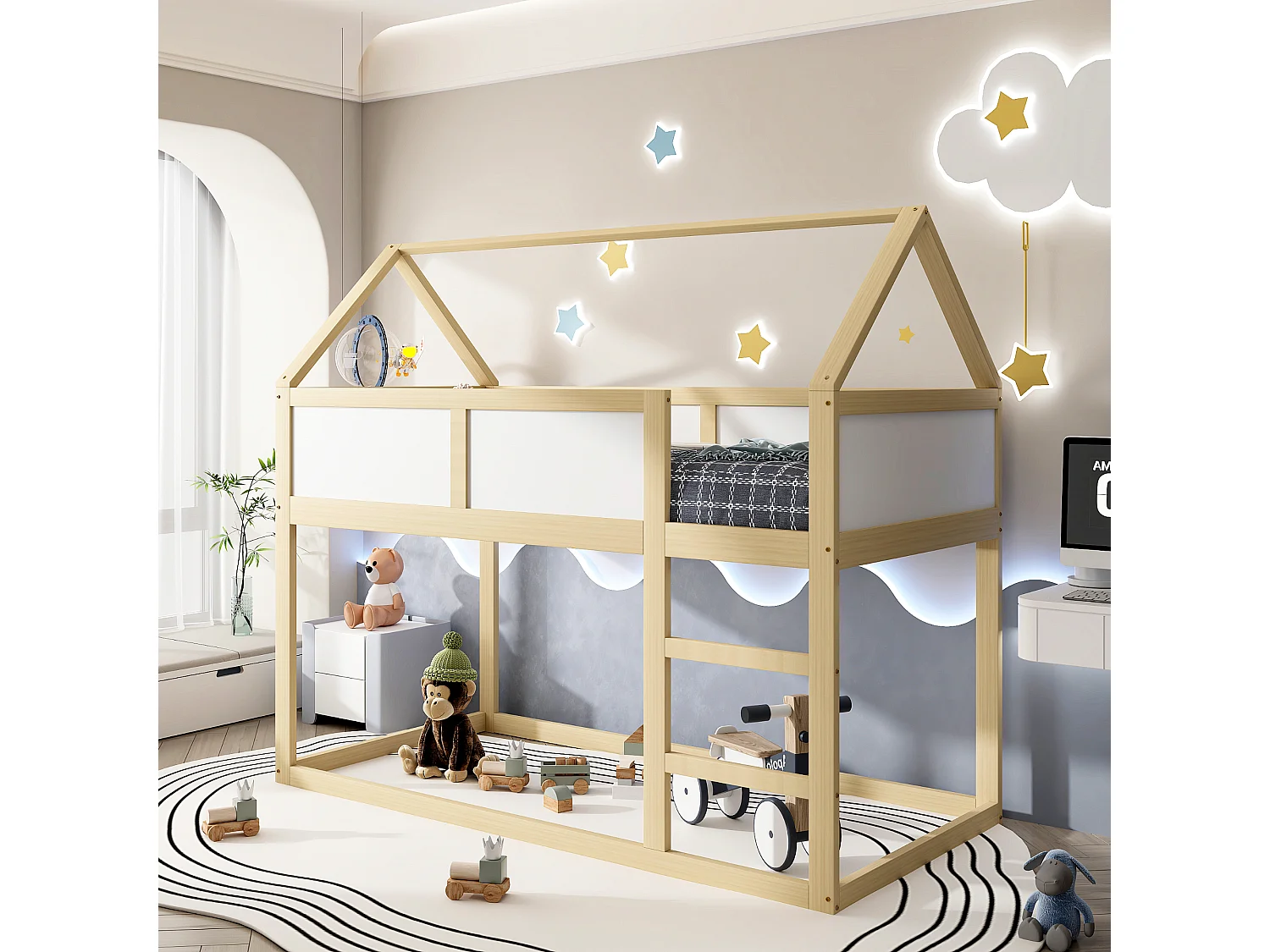 Kinderstapelbed 90x200, bed met ladder, hoogslaper, massief houten frame, wit (205x95x180,5 cm)