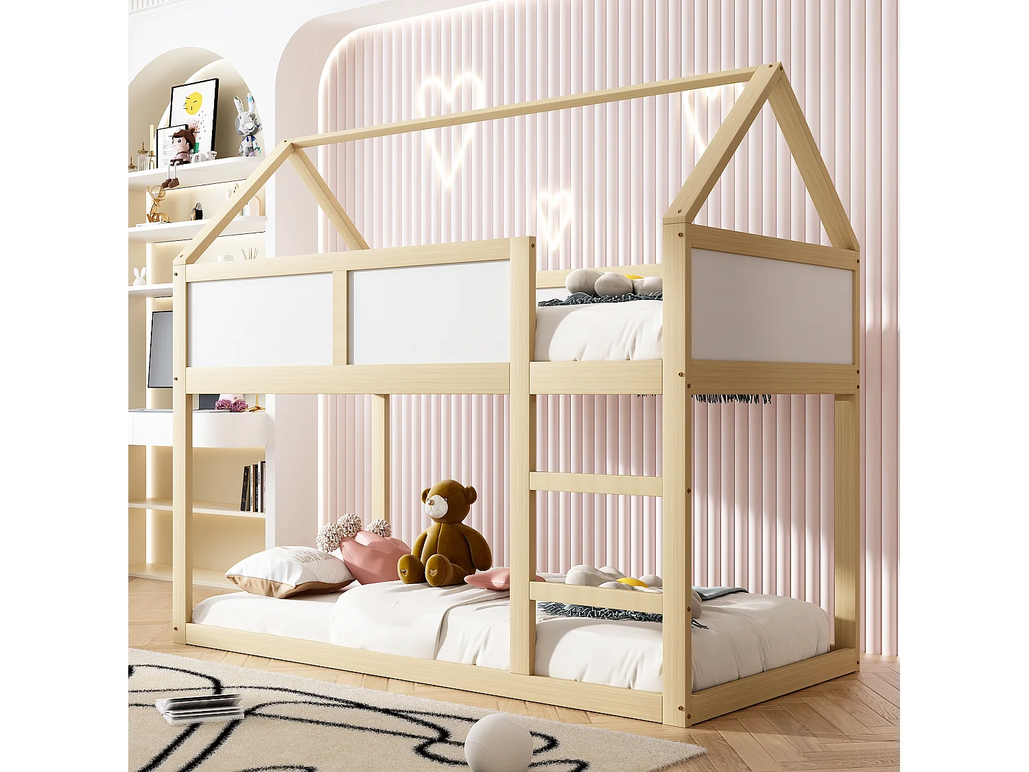 Kinderstapelbed 90x200, bed met ladder, hoogslaper, massief houten frame, wit (205x95x180,5 cm)