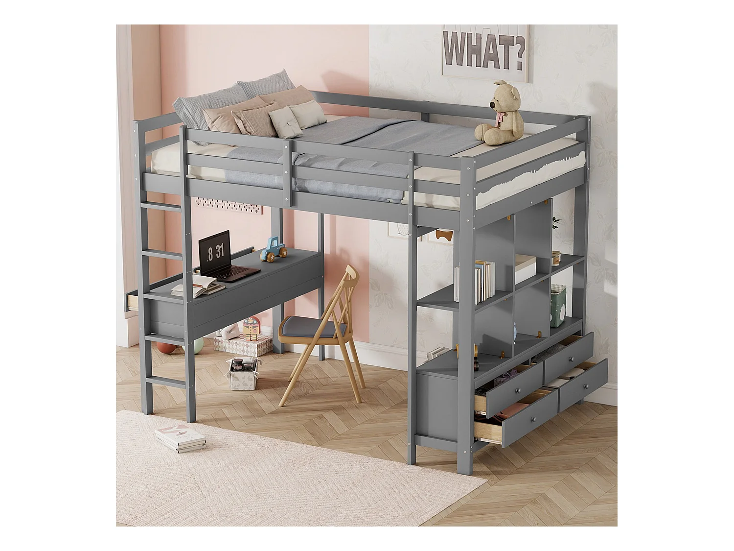 Hoogslaper 140x200 cm met bureau en opberglades in grenen, grijs (zonder matras)