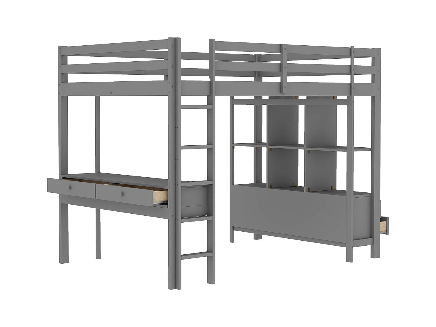 Hoogslaper 140x200 cm met bureau en opberglades in grenen, grijs (zonder matras)