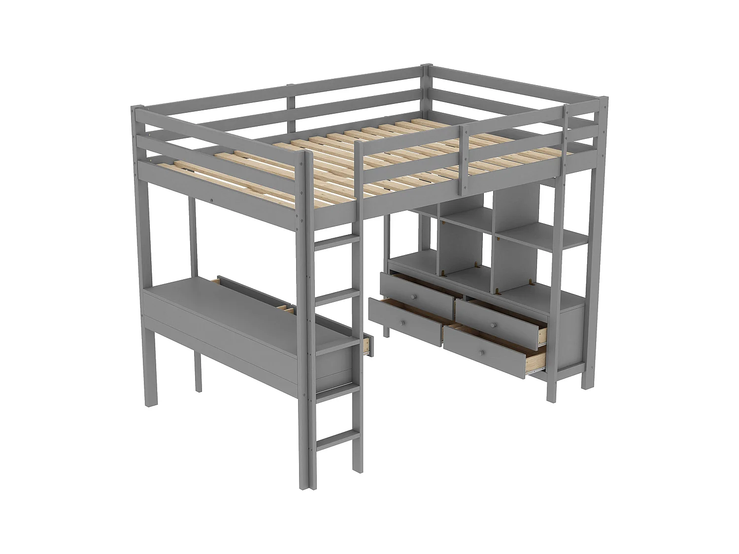 Hoogslaper 140x200 cm met bureau en opberglades in grenen, grijs (zonder matras)