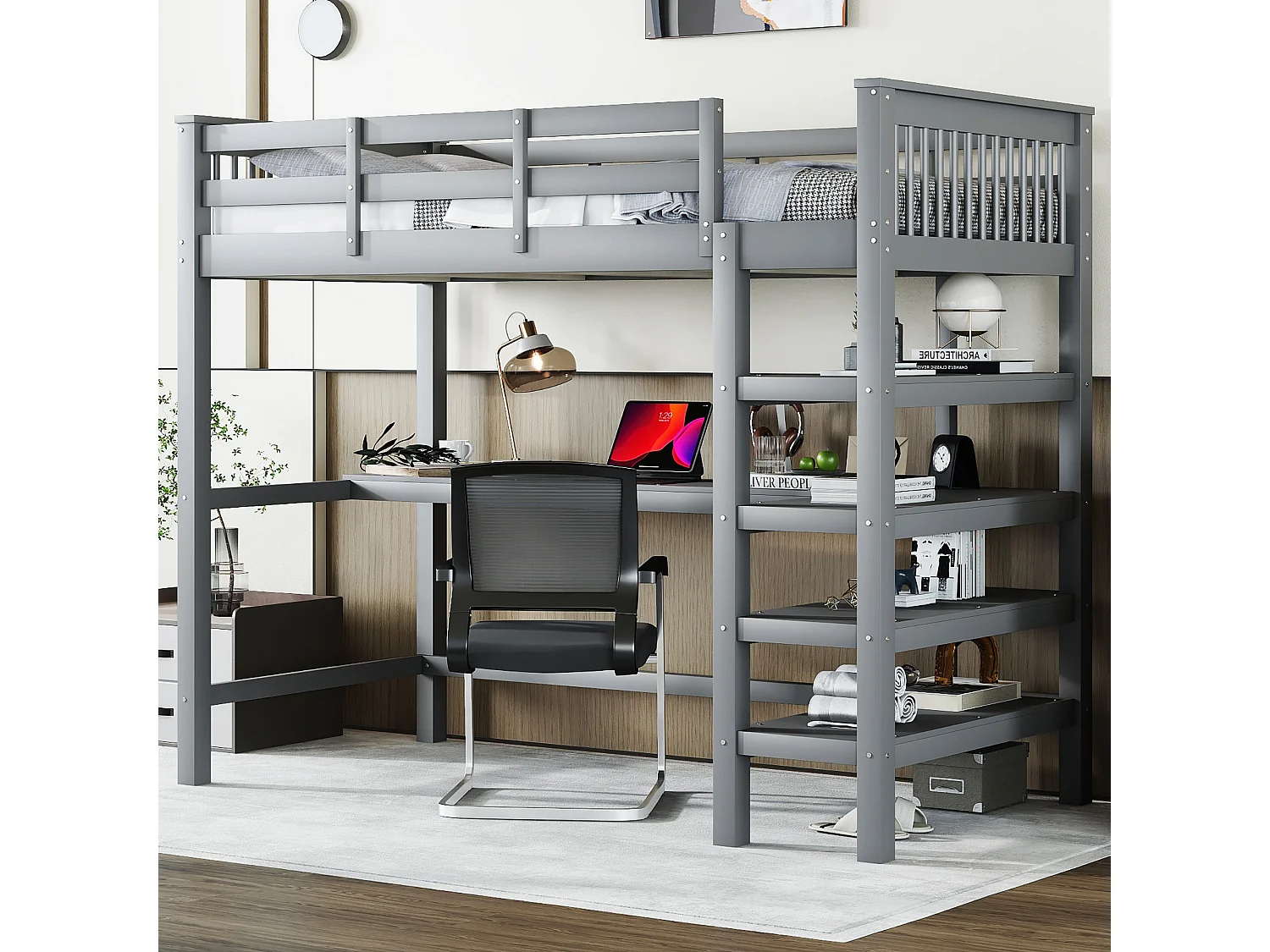 Lit mezzanine 90x200cm, Lit pour enfants avec bureau sous le lit, Rangement intégré, Sans matelas, Pin, Gris (207x99x169.5 cm)