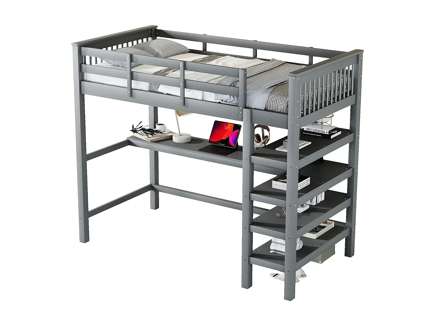 Lit mezzanine 90x200cm, Lit pour enfants avec bureau sous le lit, Rangement intégré, Sans matelas, Pin, Gris (207x99x169.5 cm)